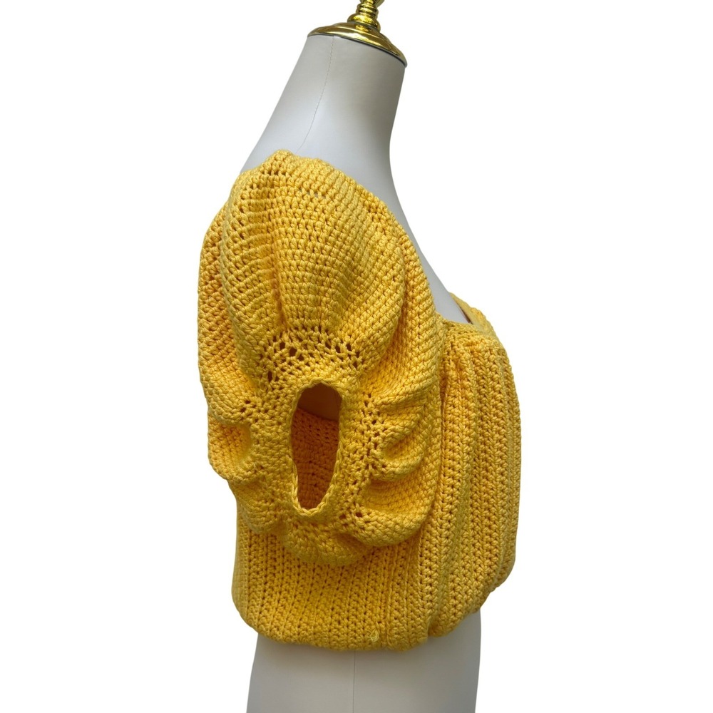 Crochet Knit Crop Top Yellow Sm/Md Puff Sleeve Summer Boho Festival Vibrant 70's - Picture 6 of 7